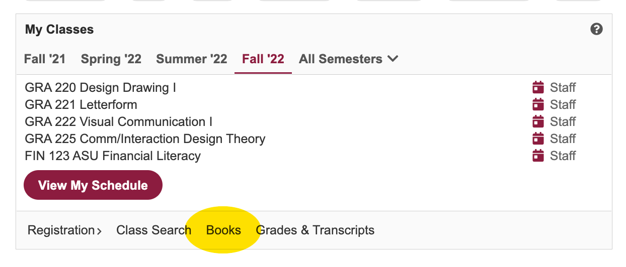 Screenshot of My ASU dashboard with books hyperlink highlighted